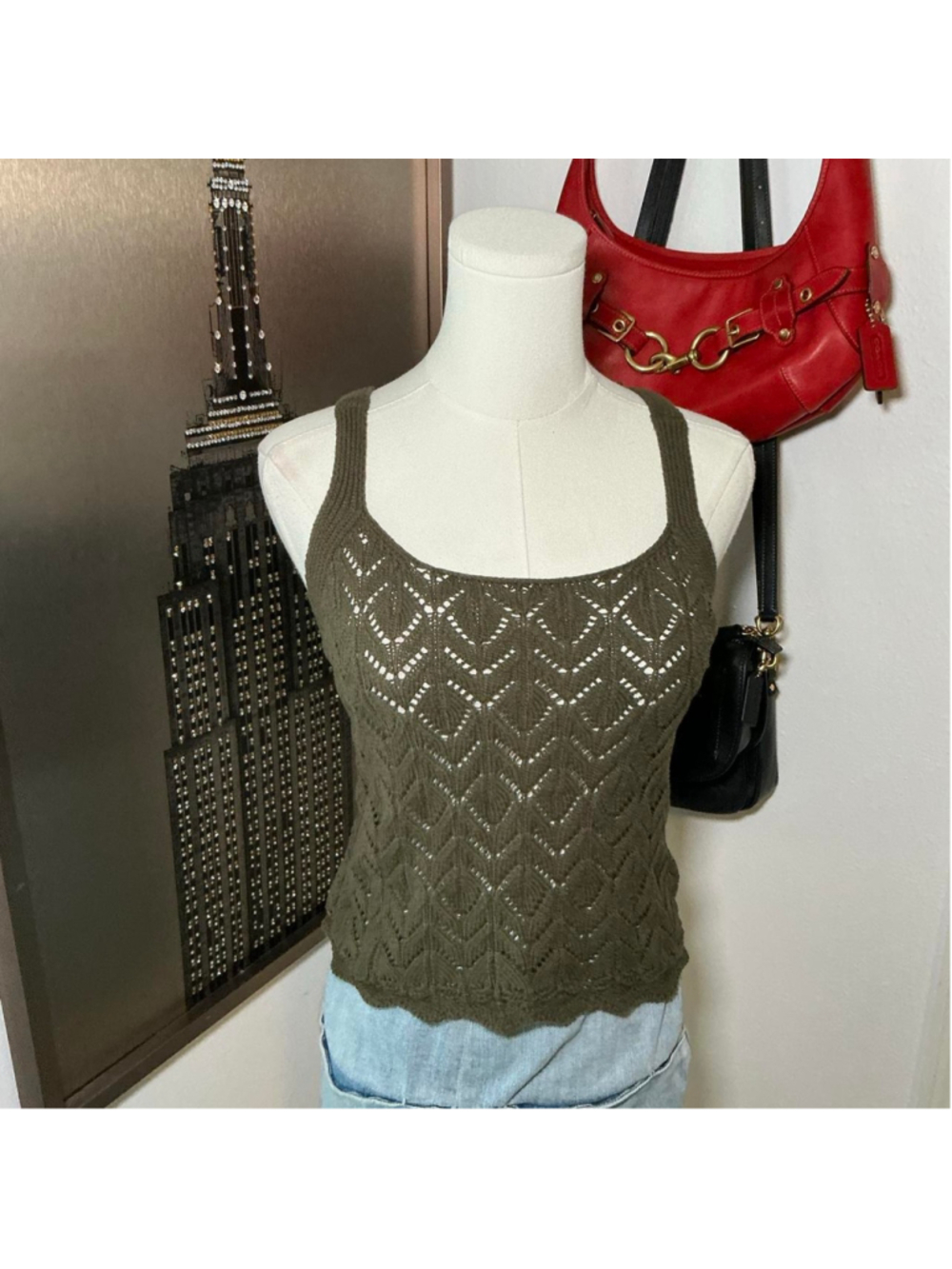 Angel Kiss Olive Green Crochet Knit Tank Top Size Small Y2K Boho